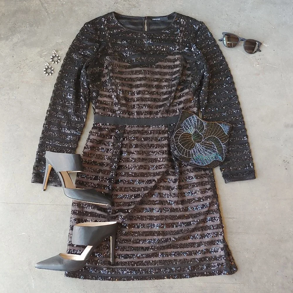 Karen Millen Black Sequin Stripe Long Sleeve Sheath Dress 6/8